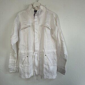 Michael Stars Womens Medium Linen Anorak Jacket Drawstring White Pockets Zip Up